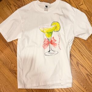 Amazon White Graphic Tee with Yellow Lime Cocktail and Pink Bow